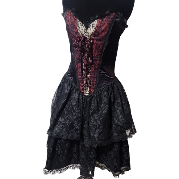 VINTAGE Gunne Sax Jessica McClintock Corset Bustier Tiered Lace Dress Black Red - Picture 8 of 16